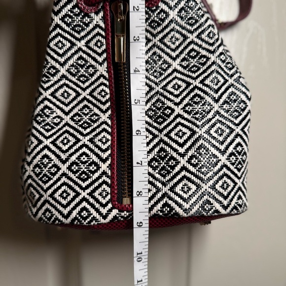Elizabeth and James Geometric Bucket Bag – Black/White with Burgundy Strap - Picture 16 of 16